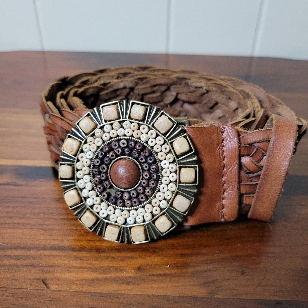 Boho Woven Leather Belt with Beaded Statement Buckle - Picture 3 of 5